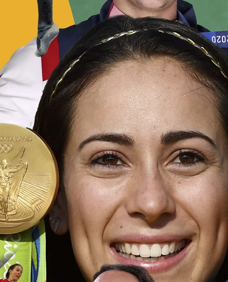 Atleta con medalla de oro, recorte de la exposición