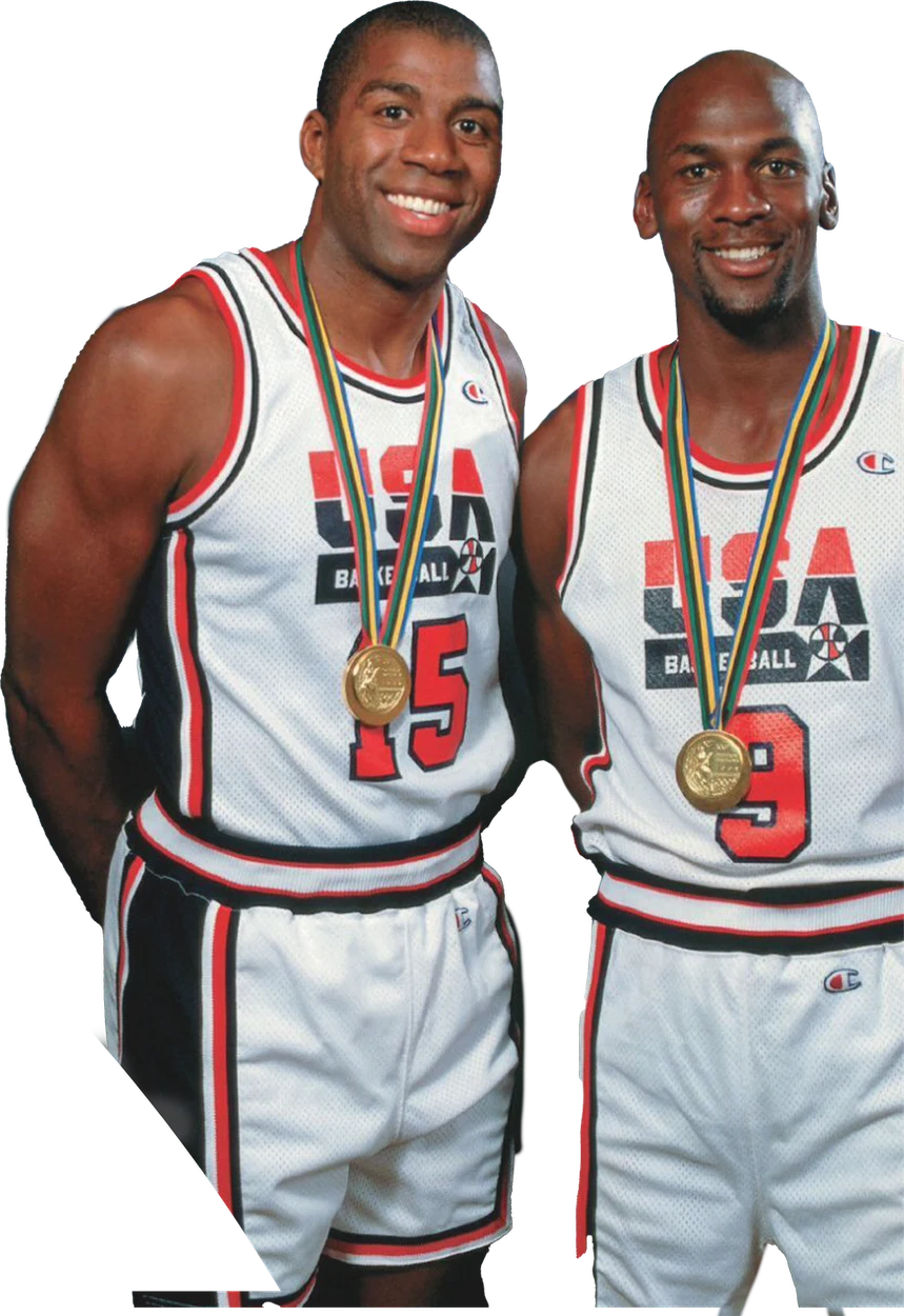 Magic Johnson y Michael Jordan con el Dream Team en Barcelona 92, recorte de la exposición