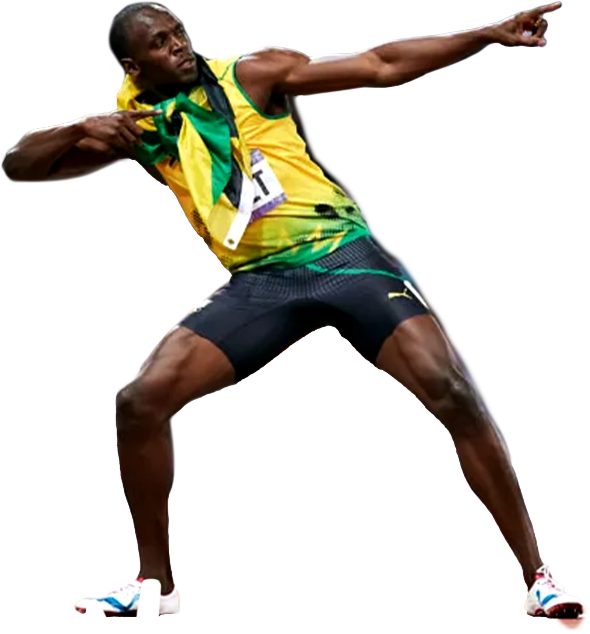 Usain Bolt haciendo su gesto de la flecha, recorte de la exposición